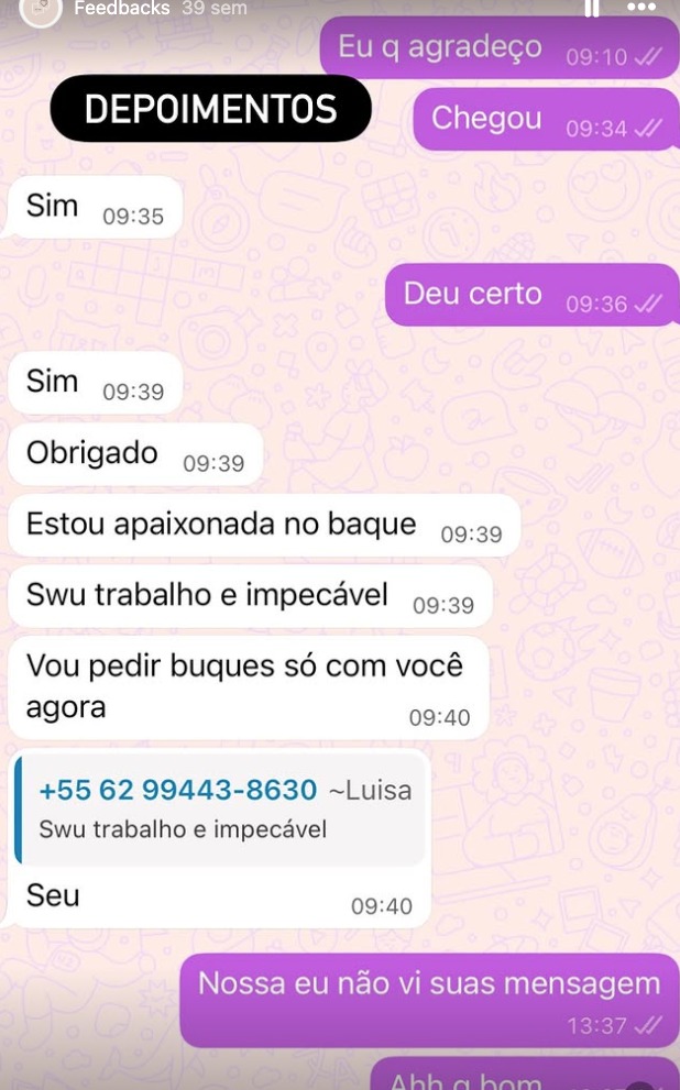 Depoimento de cliente da FloresSer via WhatsApp