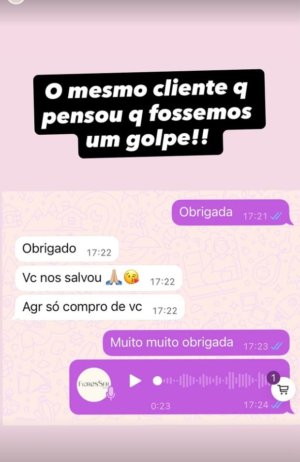 Depoimento de cliente da FloresSer via WhatsApp